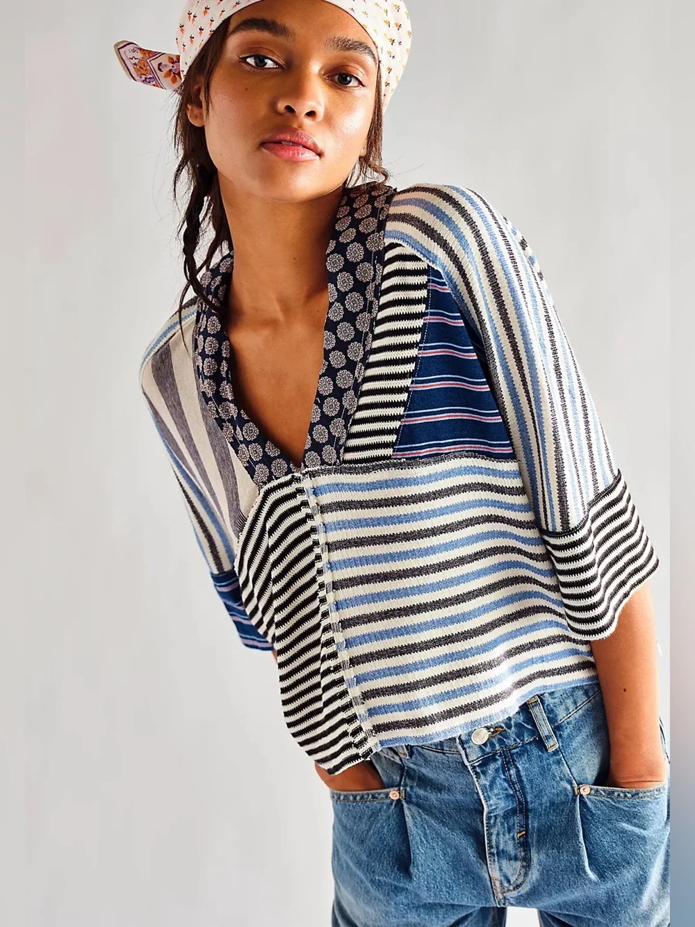 Free People The Stripe Is Right Top Large Oversized Cropped V Neck Mixed Pattern